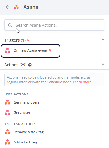 تصویر از لیست عملیات نود Asana، نشان‌دهنده بخش پیشنهادی در بالای لیست